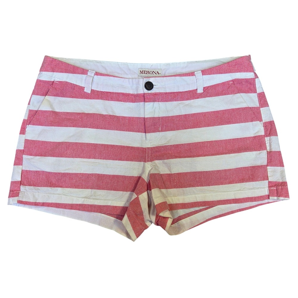 Merona Womens Pink White Striped Cotton Chino Shorts Size 10 Summer Casual